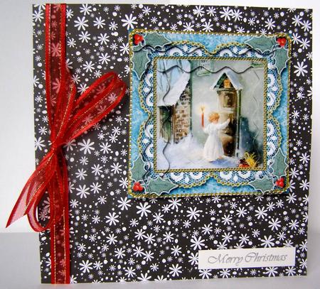 Christmas Choirboy Knocking 2 Spiral Wavy Edge Card Front by Margaret McCartney