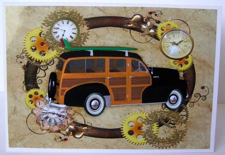 Steampunk Frame with Clocks with 1948 Woody Car A4 by Margaret McCartney