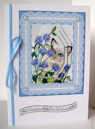 Cat in Cornflowers Card Front and Octagon Pyramid by Margaret McCartney