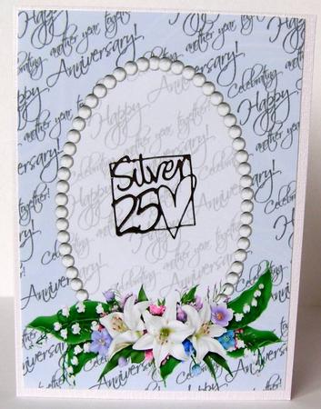 Anniversary Text, Pearls and Lilly Spray Card Front by Margaret McCartney