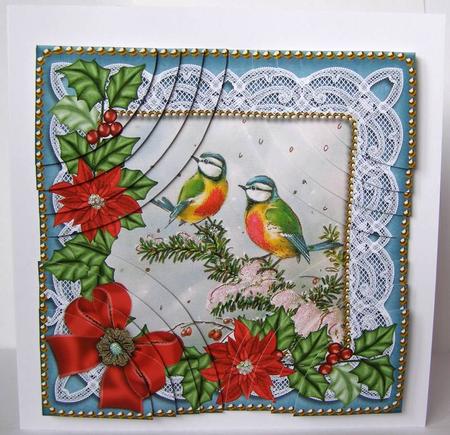 Blue Tits Red Poinsettia 8in All 4 Rounded Corner Kit by Margaret McCartney