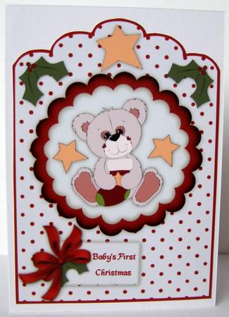 Baby's First Christmas Teddy A4 Scallop Top Card Front by Margaret McCartney
