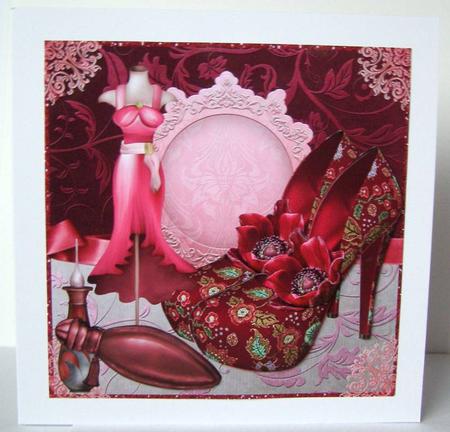 Fabulous in Pink Shoes & Perfume Anemone 8x8inch Card Front by Margaret McCartney