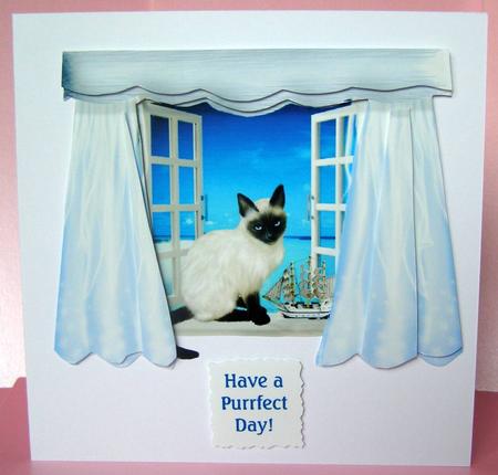 Purrfect Day Cat in Seaside Paradise Window A5 Decoupage by Margaret McCartney