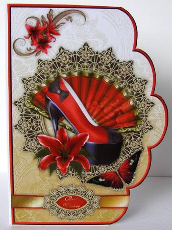 Red Lily Shoe Fanfare A4 Scallop Card Front by Margaret McCartney