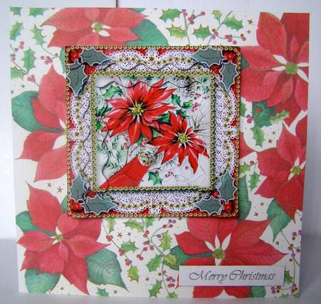 Red Poinsettias 2 Spiral Wavy Edge Stacker Card Front by Margaret McCartney