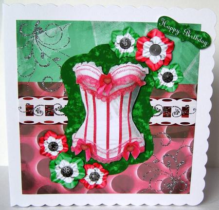 Frilly Corset 8x8 Decoupage Card - Hot Pink & Green by Margaret McCartney