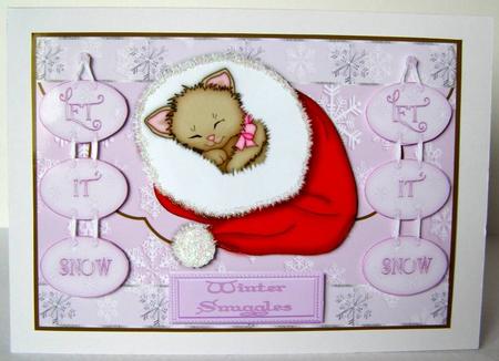 Winter Snuggles Decoupage Card Front by Margaret McCartney