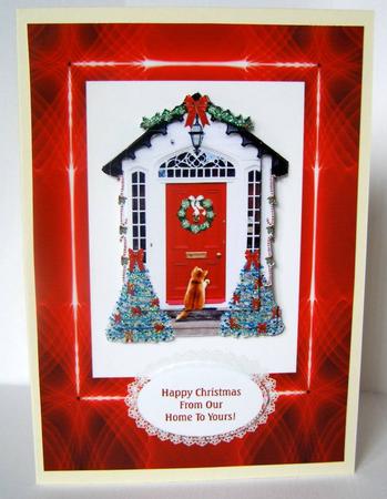 Ginger Cat Knocking on Red Christmas Holiday Door Pyramid by Margaret McCartney