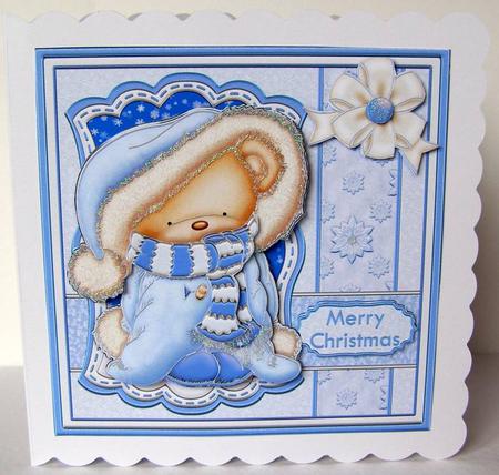 Christmas Blue Snuggle Bear Topper and Decoupage by Margaret McCartney