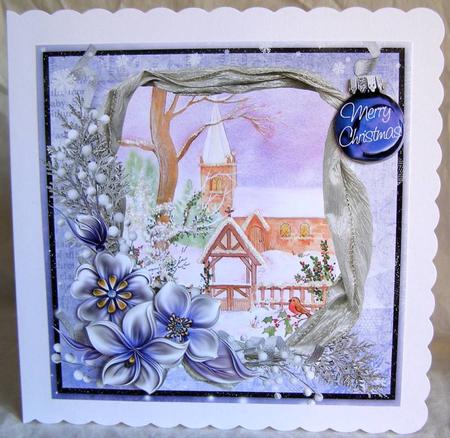 Winter Flowers & Church in the Snow on Purple 8x8inch by Margaret McCartney