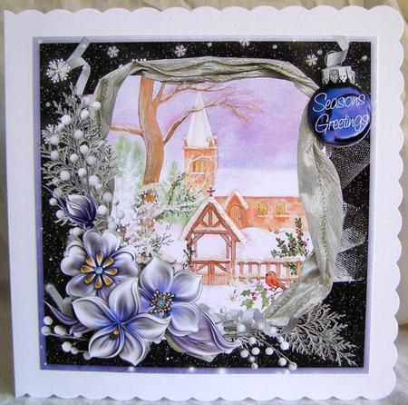 Winter Flowers & Church in the Snow on Purple Night by Margaret McCartney