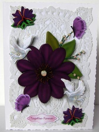 Purple Flower, White Doves, on Ecru Lace by Margaret McCartney
