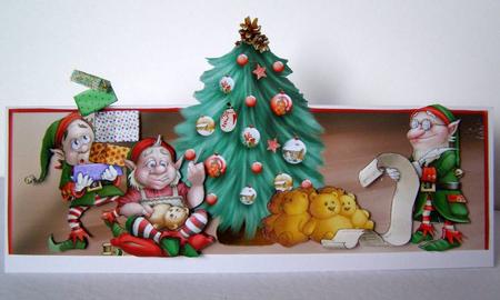 Christmas Elves Over the Top Large Card by Margaret McCartney