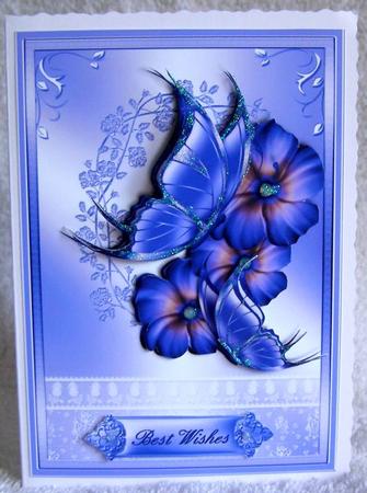 Blue Flora and Flutters Card Front by Margaret McCartney