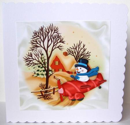 I Am on My Way Santa Lovely Snowman in Christmas Scene by Margaret McCartney