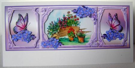 Wheelbarrow with Flowers and Butterflies Dl Card by Margaret McCartney