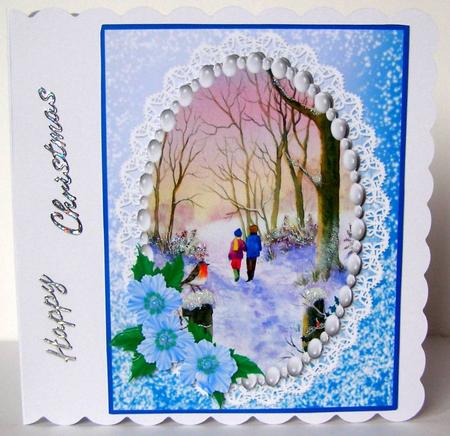 A Winter Walk Watercolour Topper with Blue Flowers by Margaret McCartney