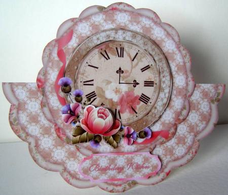 Vintage Floral Clock Scallop Edged Wobble Card by Margaret McCartney