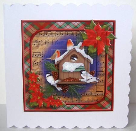 Christmas Night Bird Feeder Poinsettias Pyramage Topper by Margaret McCartney