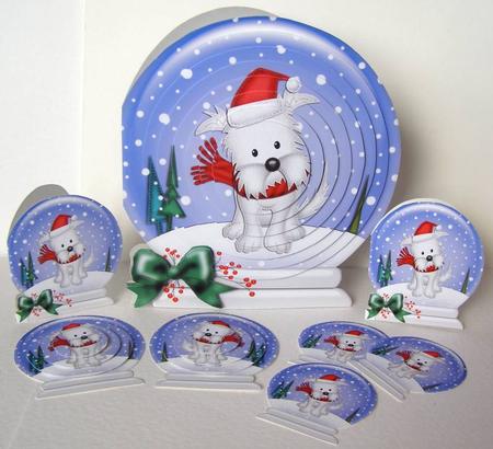3D Xmas Westie Dog Snowglobe Circle Pyramage Card Kit by Margaret McCartney