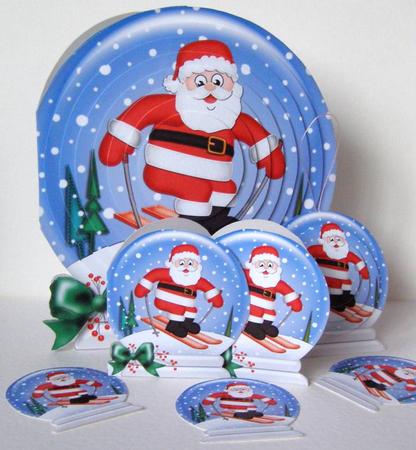 3D Xmas Skiing Santa Snowglobe Circle Pyramage Card Kit by Margaret McCartney