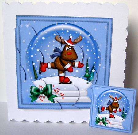 Xmas Skating Rudolph Snowglobe Shell Edged Corner Stacker by Margaret McCartney