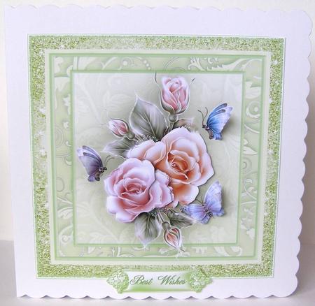Pretty Roses and Flutters in a Green Frame Card Topper by Margaret McCartney