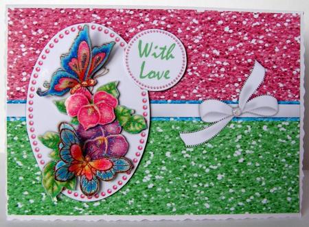 Glittery Butterflies & Flowers Decoupage Card - Pink & Green by Margaret McCartney