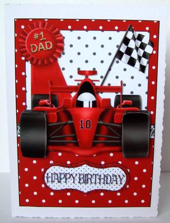 Dad's Birthday Racing Car (red) Card Front and Decoupage by Margaret McCartney