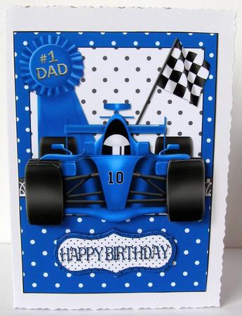 Dad's Birthday Racing Car (blue) Card Front and Decoupage by Margaret McCartney