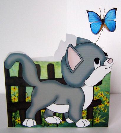 Dark Grey & White Kitten Chasing a Wobbly Butterfly Cut/fold by Margaret McCartney