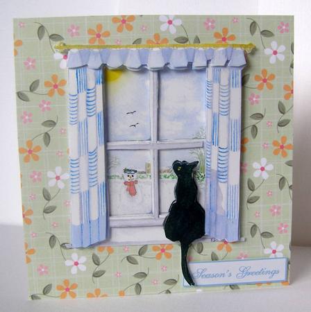 Black Cat in Winter Window & Snowman Christmas 3D Decoupage by Margaret McCartney