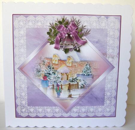 8x8 Christmas Cottages with Bells and Bow Decoupage by Margaret McCartney