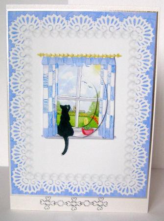 Black Cat in Spring Window Lace & Pearls Birthday Pyramid by Margaret McCartney