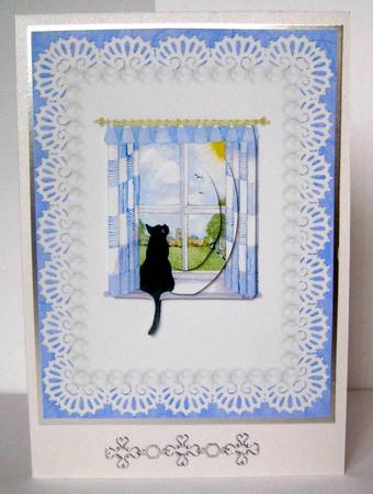 Black Cat in Summer Window Lace & Pearls Birthday Pyramid by Margaret McCartney
