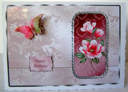 Pink Magnolias & Butterfly Card Front by Margaret McCartney