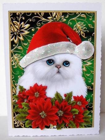 Santa White Kitty Cat and Poinsettia Flowers 4 by Margaret McCartney