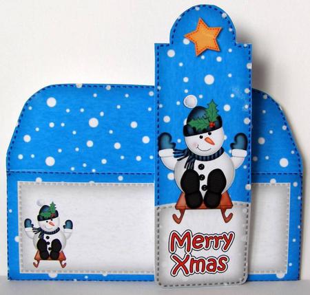 Xmas Sledging Snowman Bookmark Card N Envelope by Margaret McCartney