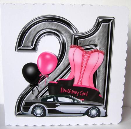 21st Birthday Large Shaped Card Front Female by Margaret McCartney