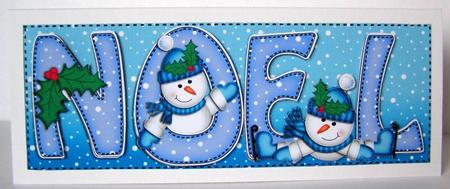 Large Dl Xmas Noel with Snowmen Quick Card with 3D Decoupage by Margaret McCartney