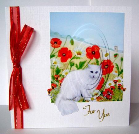 White Cat & Harvest Mouse Among Poppies & Daisies by Margaret McCartney