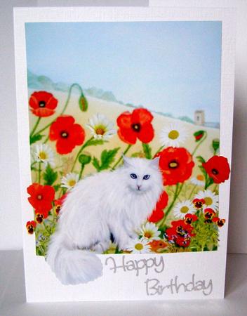 White Cat & Harvest Mouse Among Poppies & Daisies A4 Topper by Margaret McCartney