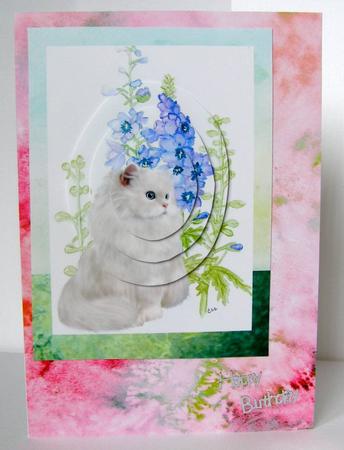 Watercolour Delphiniums with White Persian Cat A5 Card Front by Margaret McCartney