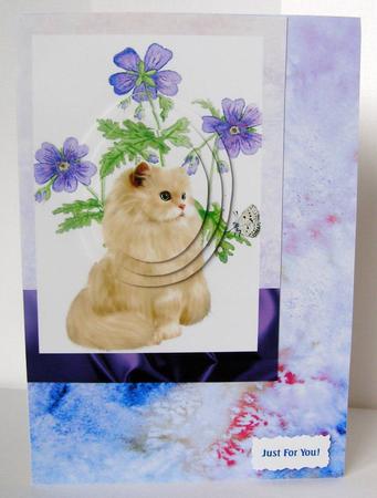 Watercolour Geraniums with Ginger Persian Cat A5 Card Front by Margaret McCartney