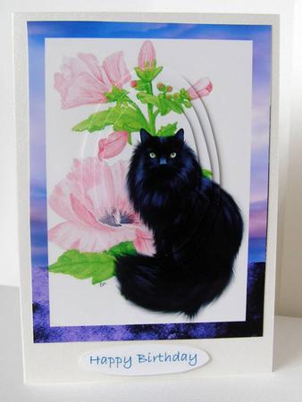 Watercolour Lavateria & Black Long Haired Cat A5 Card Front by Margaret McCartney