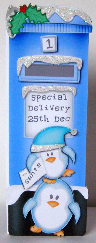 Xmas Penguins Postbox Shaped Card N 3D Decoupage by Margaret McCartney