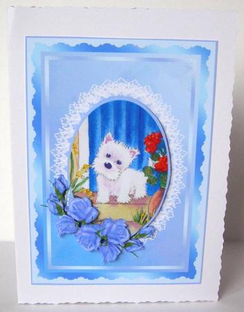 Westie by the Door with Blue Roses Decoupage by Margaret McCartney