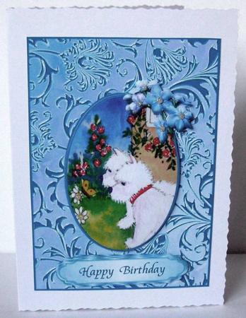Westies Watching Butterflies with Forget Me Nots. Decoupage by Margaret McCartney