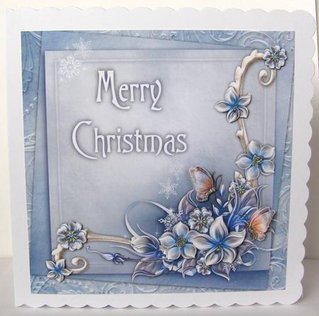 Merry Christmas Winter Flowers 8x8 Decoupage Card - Blue by Margaret McCartney
